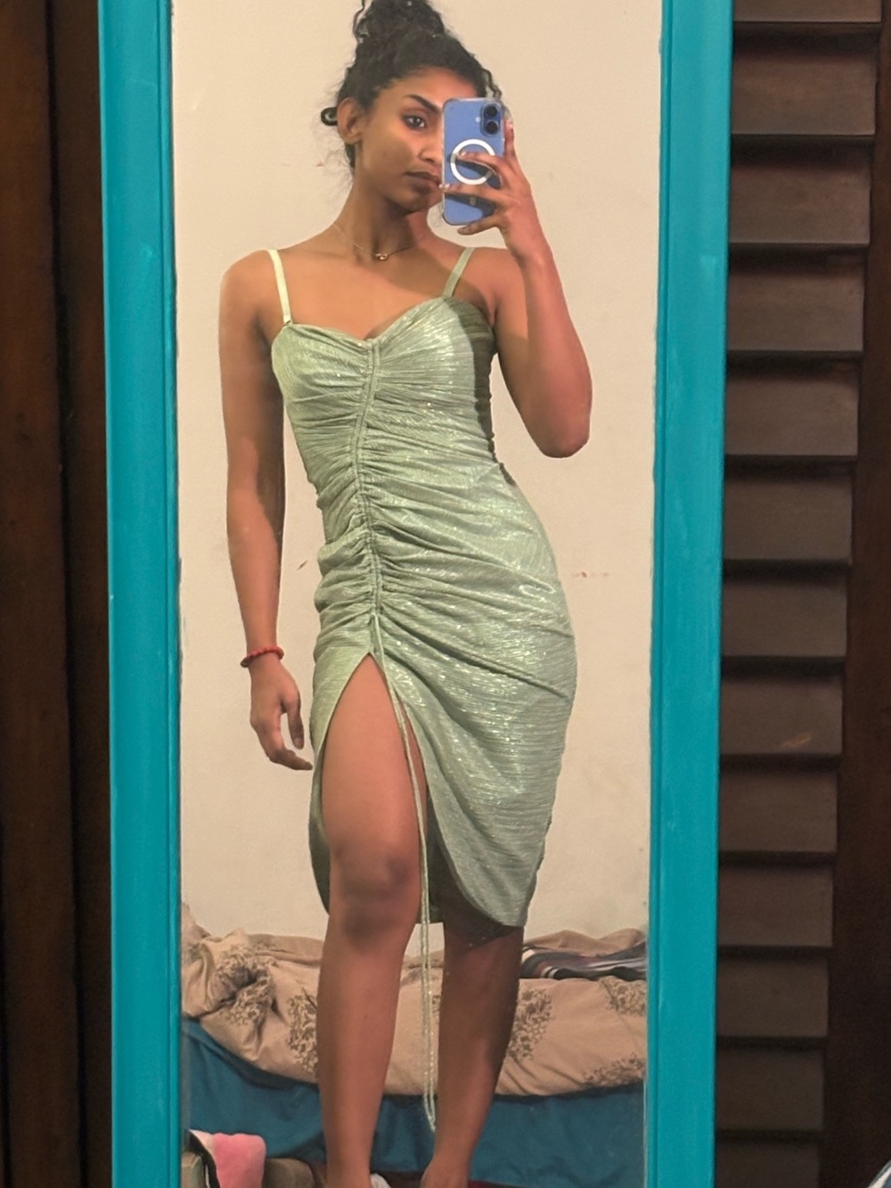 Jonathan Simkhai Shimmery Sage Green Ruched Spaghetti-Strap Midi Dress